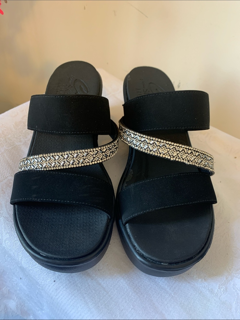 Skechers Black Slide Sandals with Beaded Accent Strap